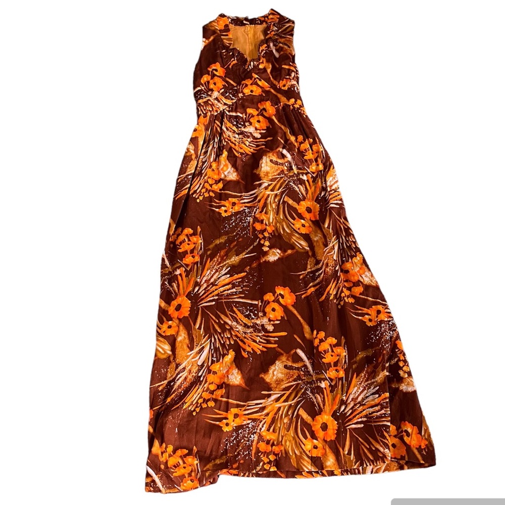 Vintage Hawaiian Hostess Maxi Dress Brown Gold Orange size small